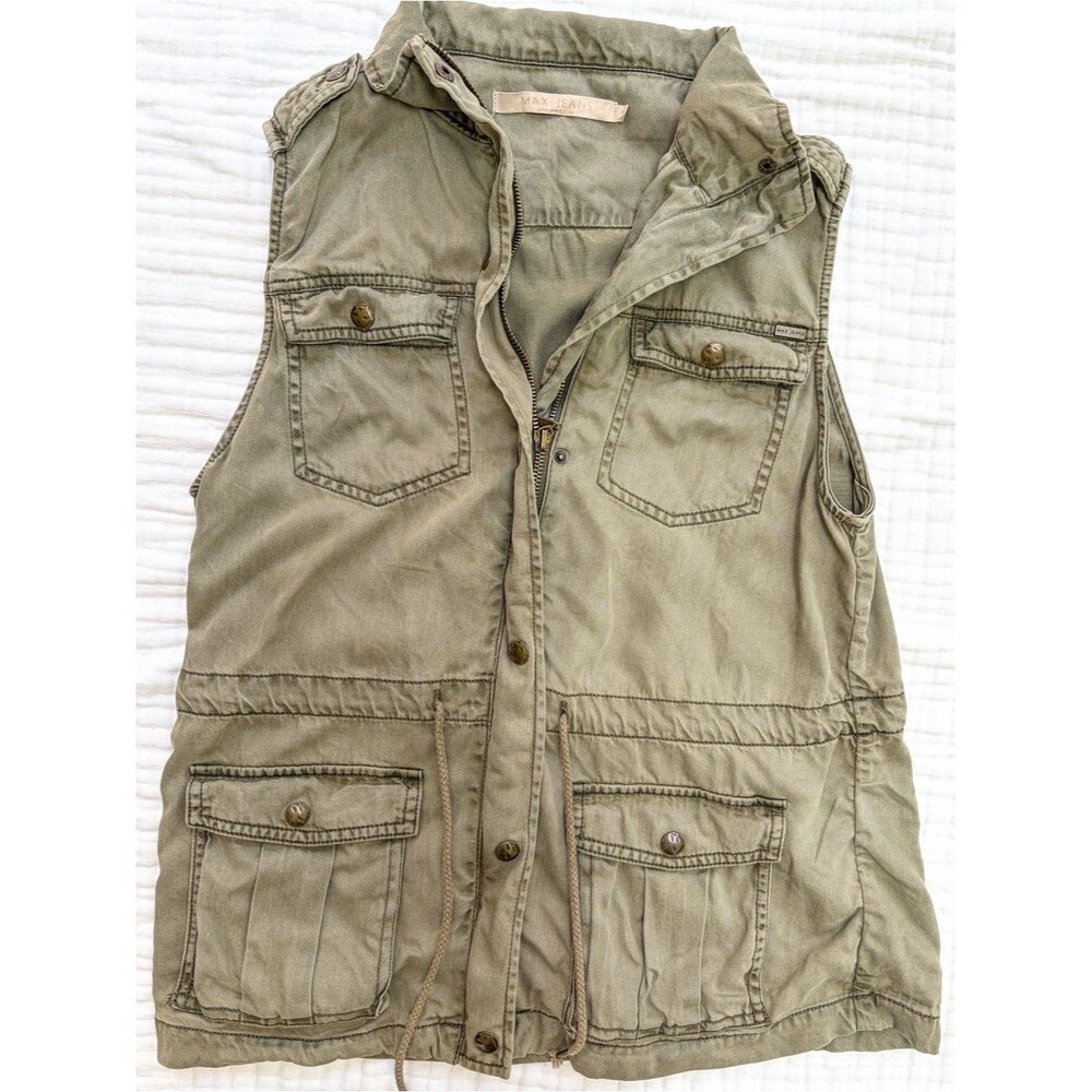 Max Jeans Utility Cargo Vest Olive Green Tencel Safari Vest Small
